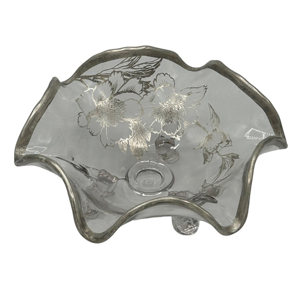 Vintage Silver City Art Glass Bowl with Sterling Floral Overlay Handkerchief Design