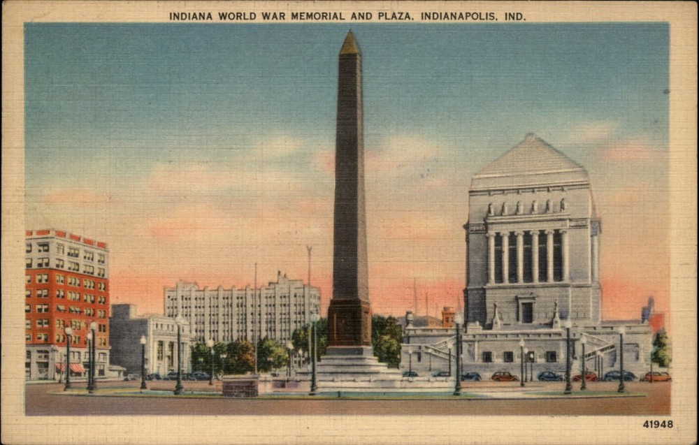 Indianapolis Indiana World War 1 Memorial Plaza mailed 1938 linen postcard