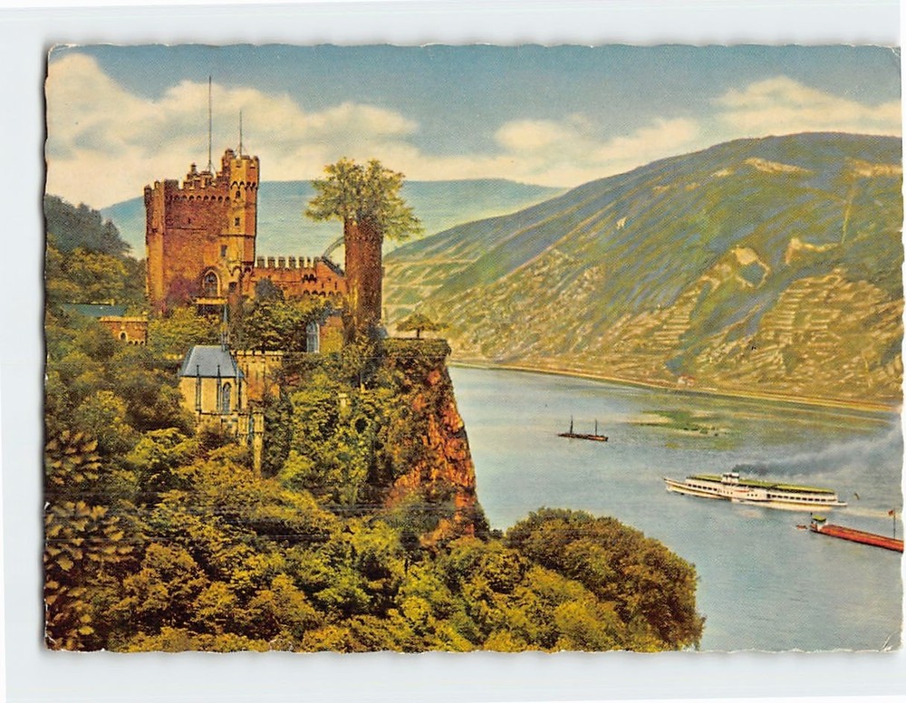 Postcard Rheinstein Castle & Rhine River Germany