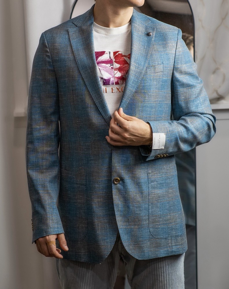 Jack Victor Wool Silk Linen Tweed Blue Gray Plaid Men's  Blazer