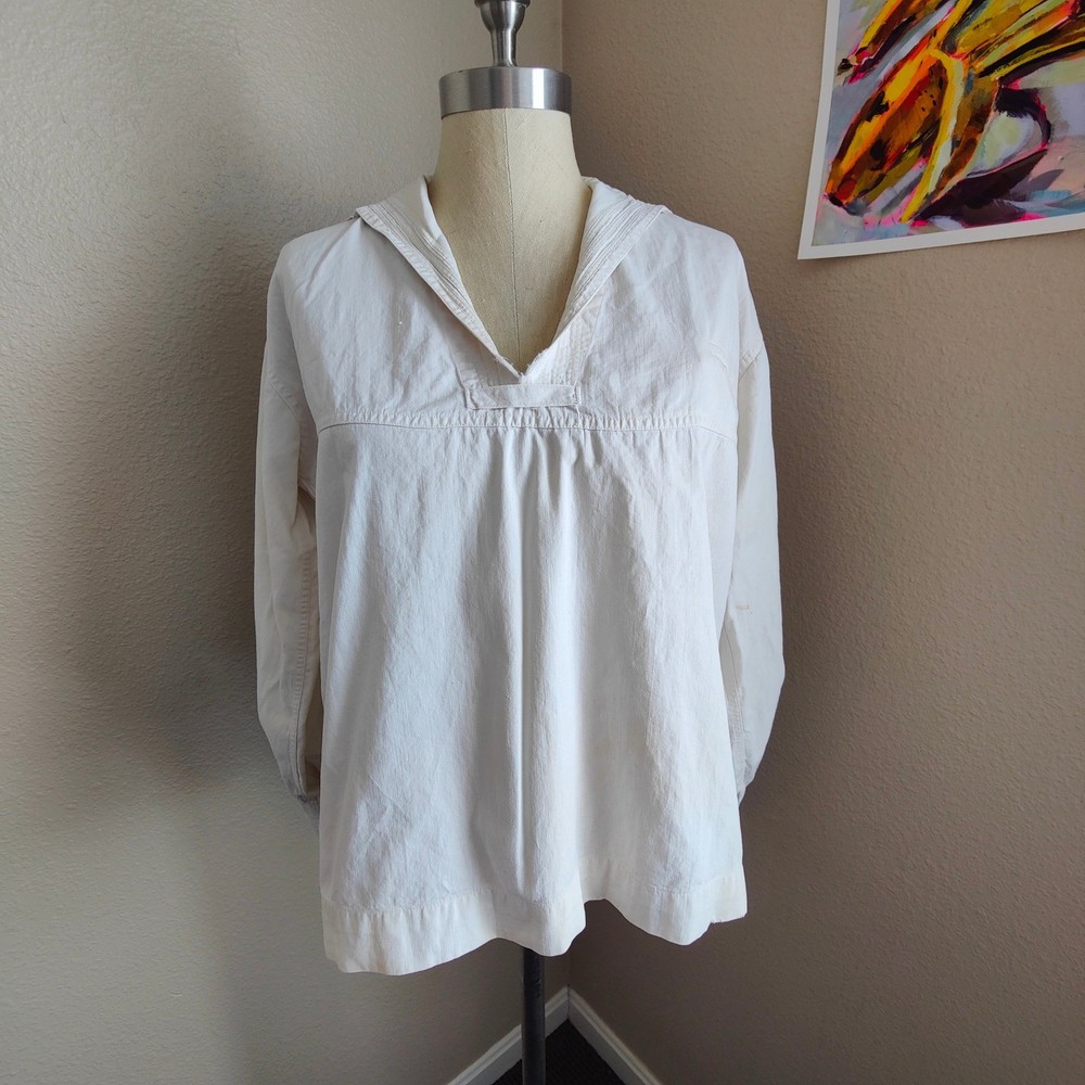 Antique 1920s Anchor Middy Sailor Top White Cotton Twill Nautical WWI Maritime