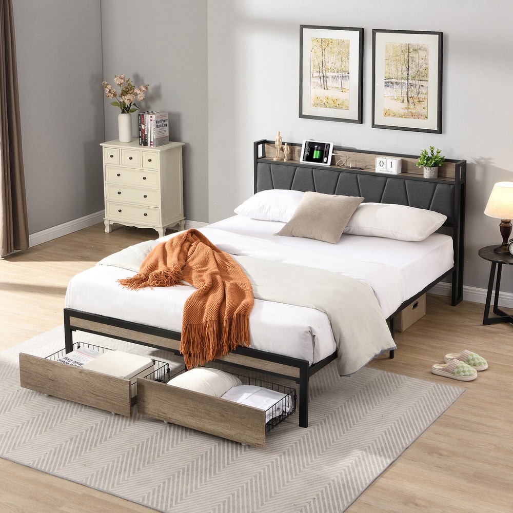 Queen Size Upholstered Metal Bed Frame with Storage Headboard & USB Ports