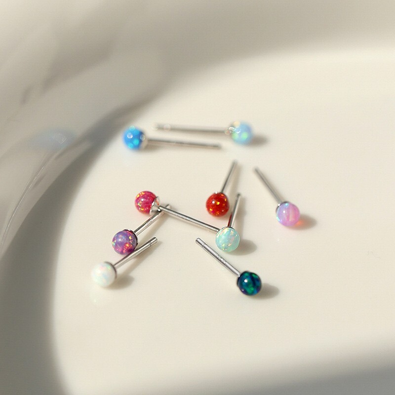 Sterling Silver Plated Opal Solitaire Stud Earrings in Blue Pink White