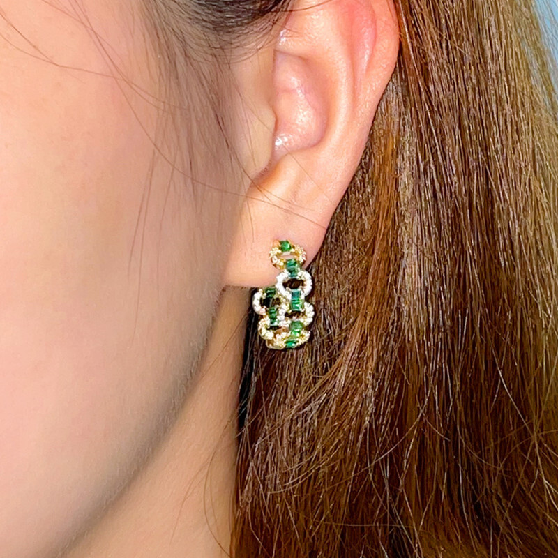 20mm Gold Plated Green CZ Chain Link Hoop Earrings for Women
