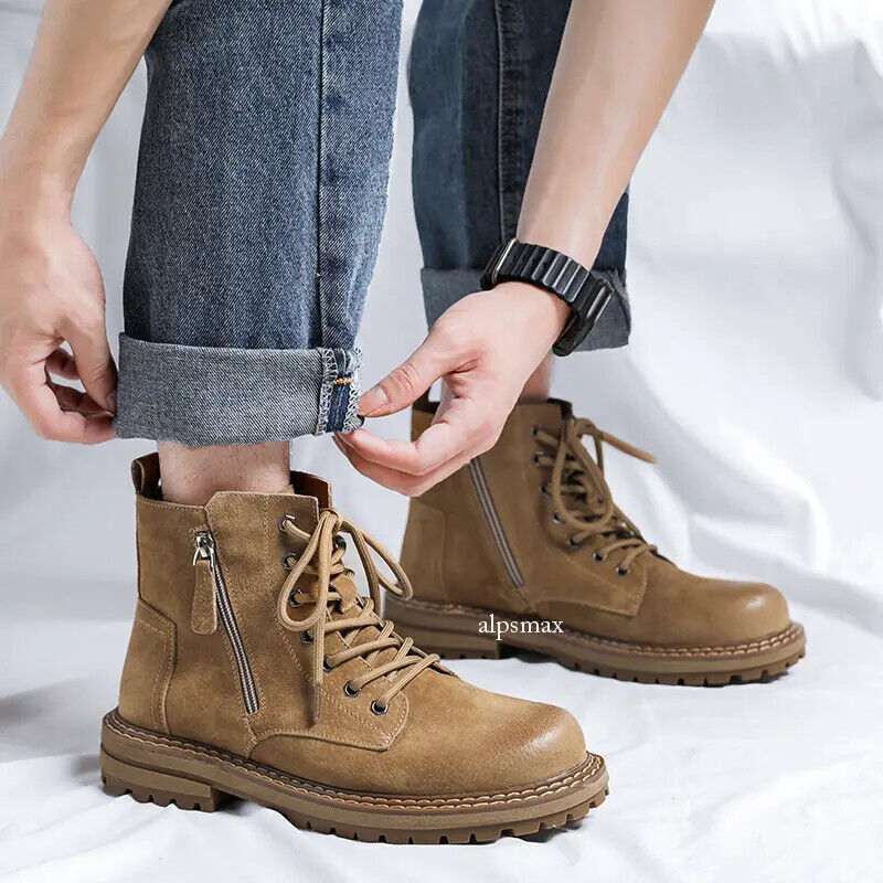 New Mens Working Zip Boots Round Toe Leather Lace Up Outdoor Casual Ankle Boots