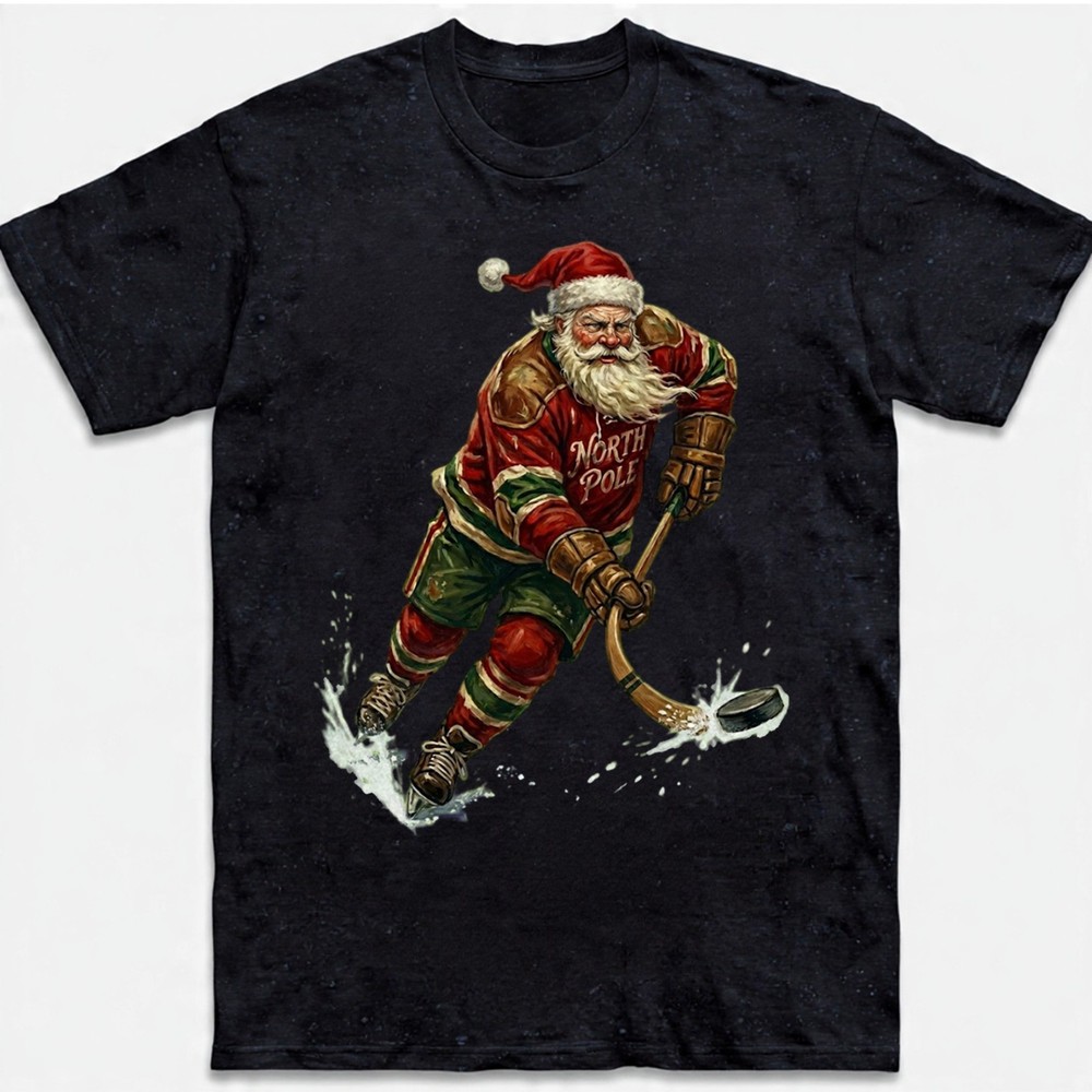 Santa Claus Hockey T-Shirt Funny Christmas North Pole Sports Ice Skates Sweater