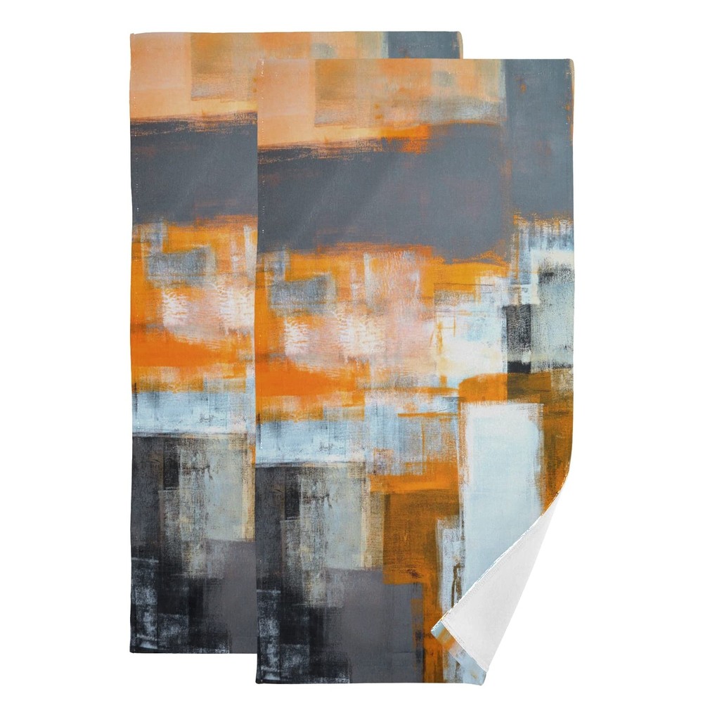 Abstract Gray & Orange Grunge Art Hand Towels Set of 2 for Bathroom-image