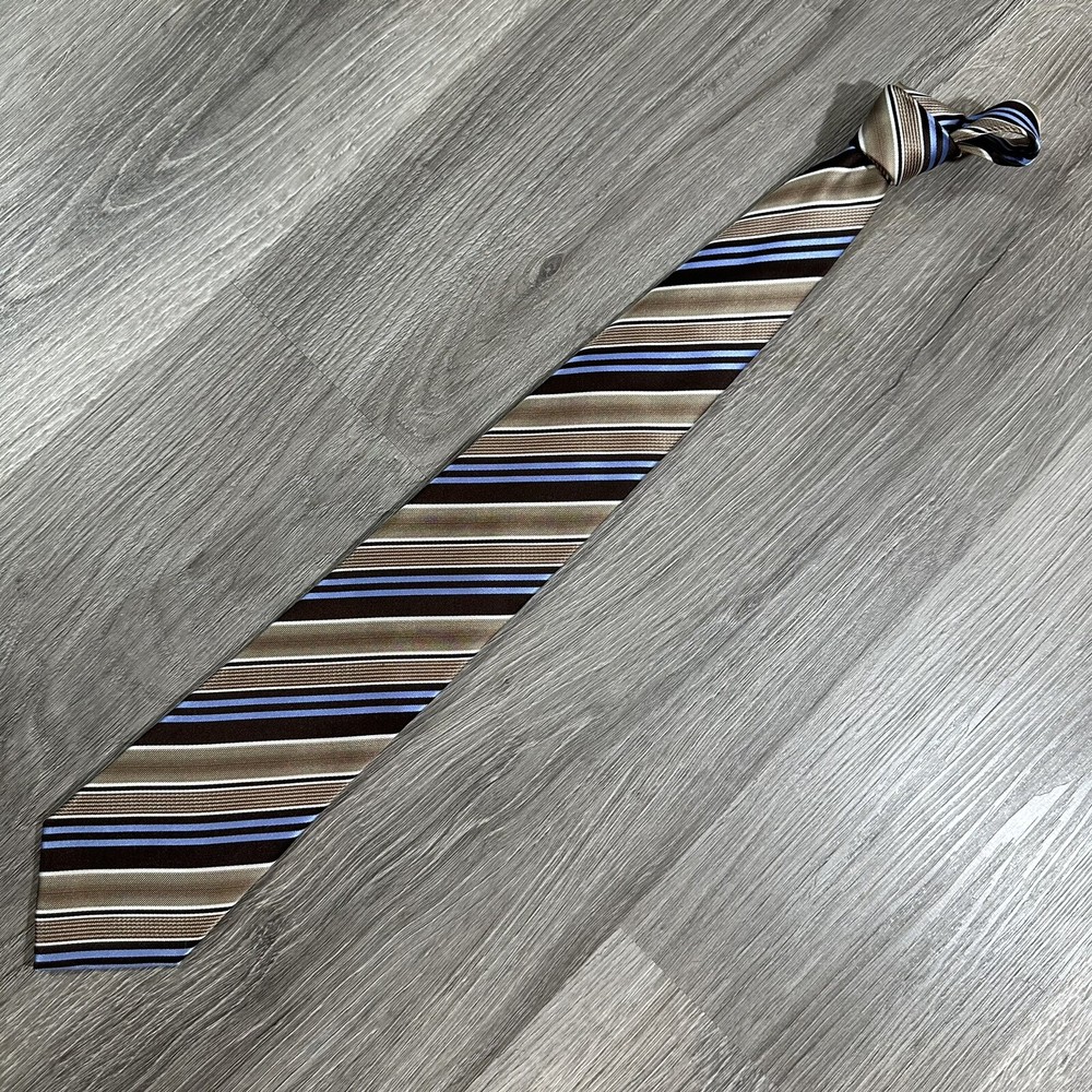 Geoffrey Beene Mens Neck Tie 100% Silk Brown Blue Stripe 57”