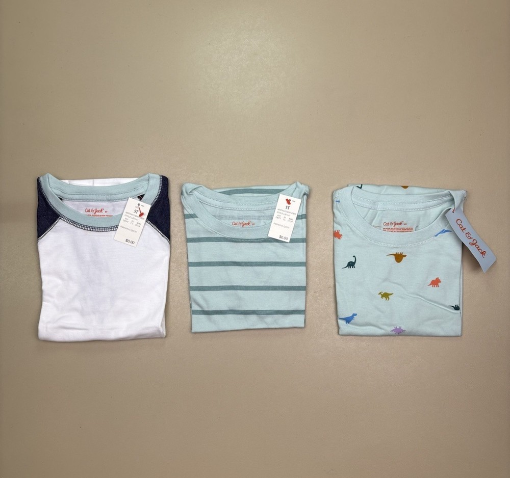 NWT Cat & Jack Boys T Shirt Lot 5T Dinosaur Stripe Raglan Tees 3 Pack