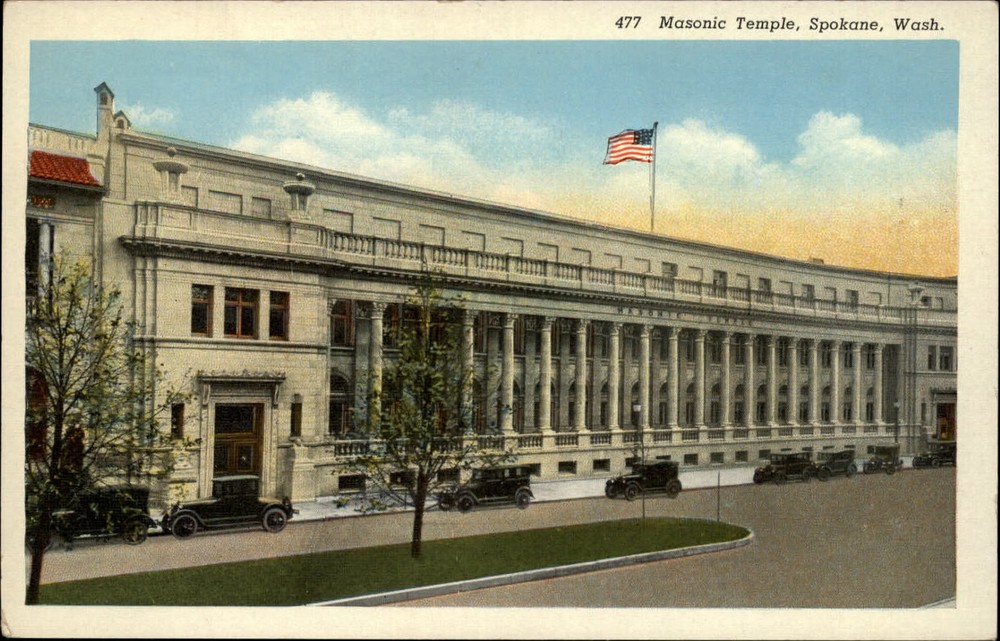 Masonic Temple Spokane Washington WA ~ antique cars ~ 1930s postcard