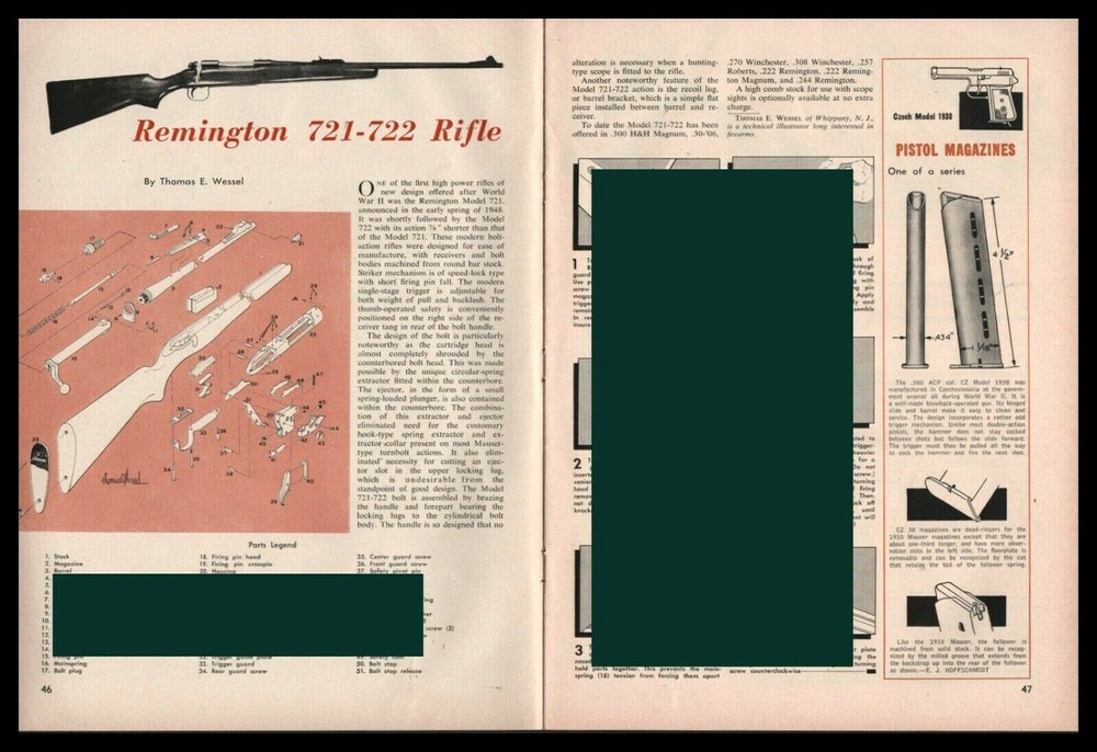 1959 REMINGTON 721-722 Rifle Exploded Parts List Assembly Disassembly Article