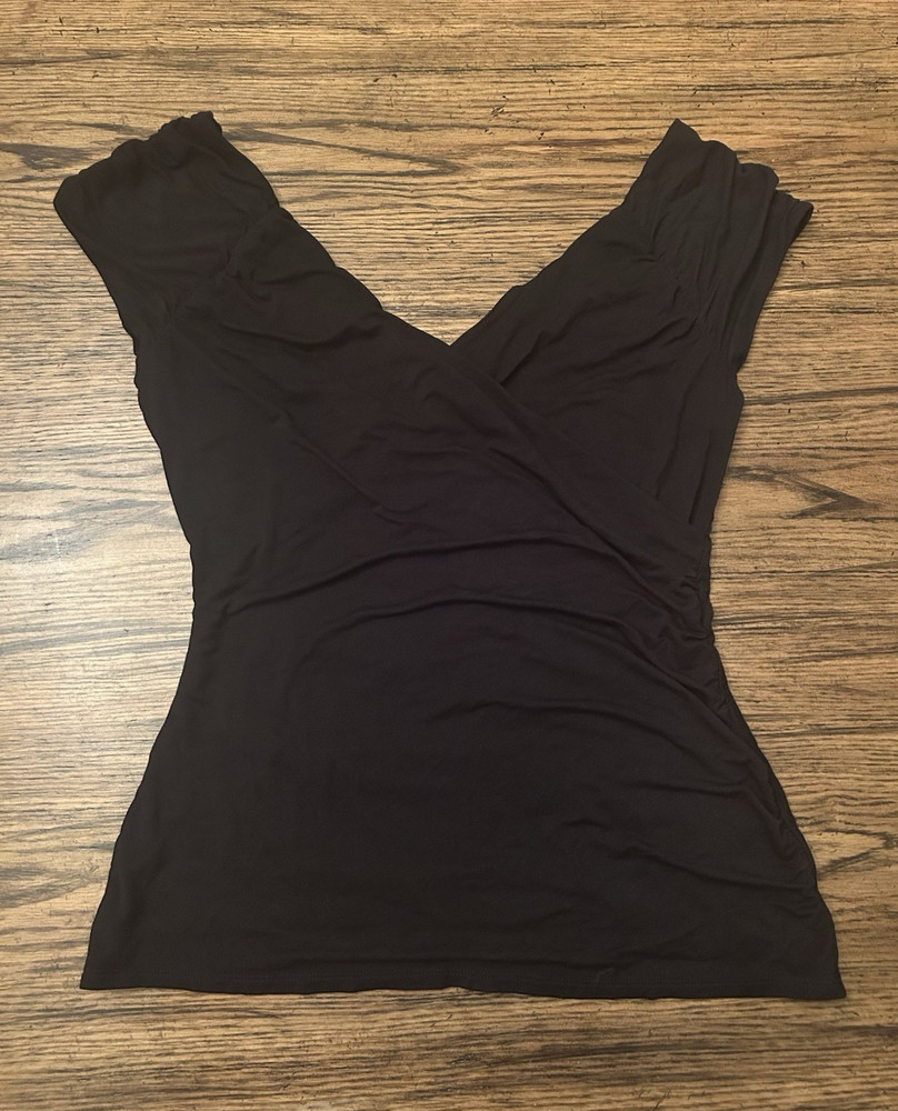 White House Black Market Black Ruched V-Neck Short Sleeve Women's Blouse Size M