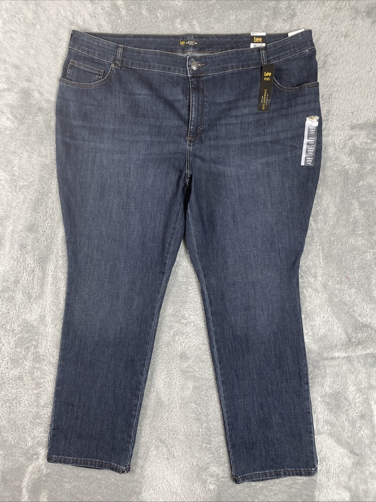 Lee Jeans Women's Plus 28W Long Blue Relaxed Fit Straight Leg Mid Rise Stretch