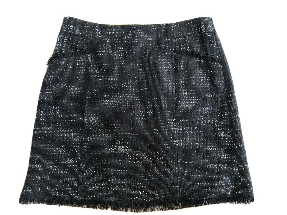 Ann Taylor Loft Women 8 Black/white Tweed Fringe Hem Straight Knee Skirt N