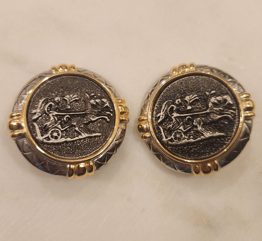 Vintage Roman Chariot Clip On Earrings Gold Tone Silver Tone Black Medallion