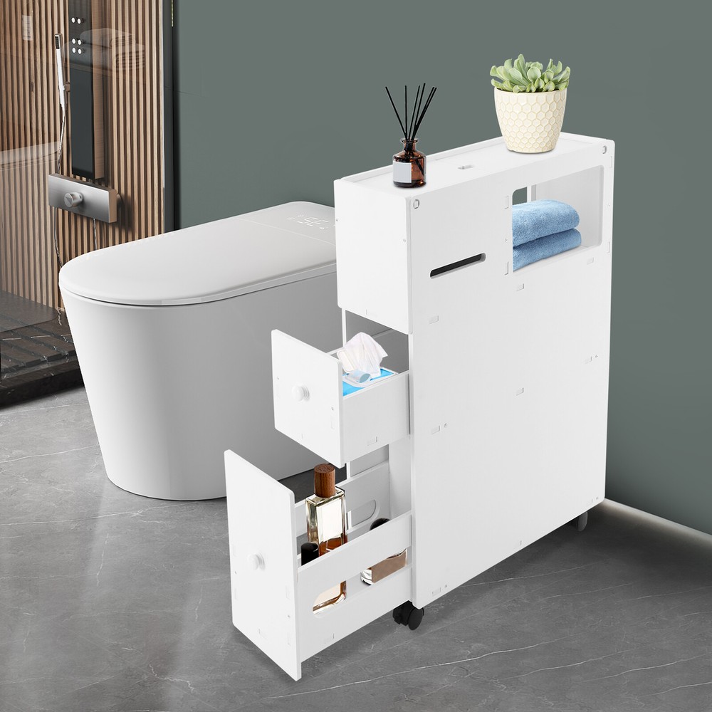 White PVC Bathroom Floor Cabinet Storage Cupboard with Drawers Free Standing