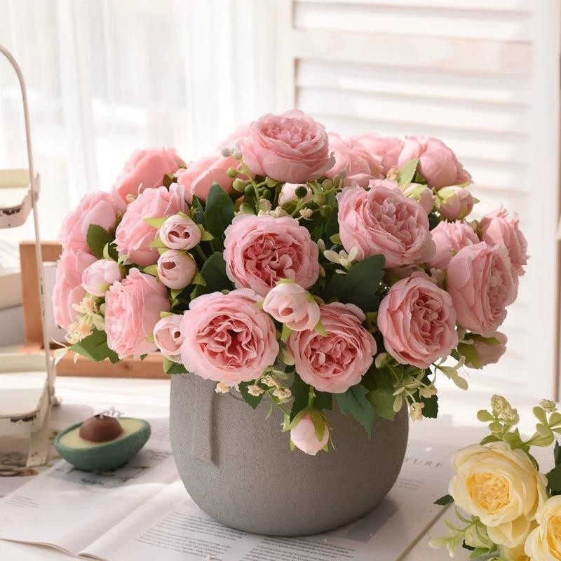 30cm Rose Pink Silk Peony Bouquet – 5 Large Heads + 4 Buds Artificial Flowers Fo