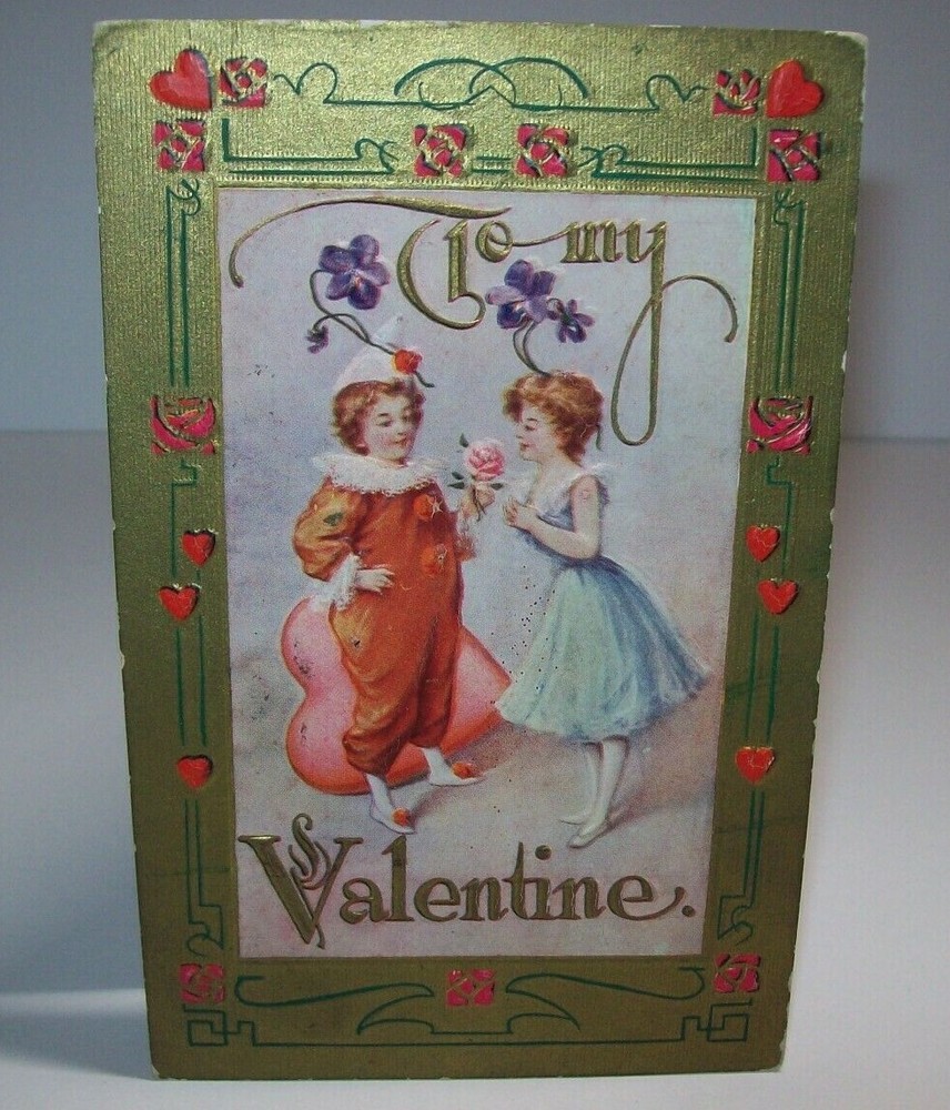 Vintage Valentines Day Postcard Embossed 1912 Clown Handing Rose To Lady Orig.