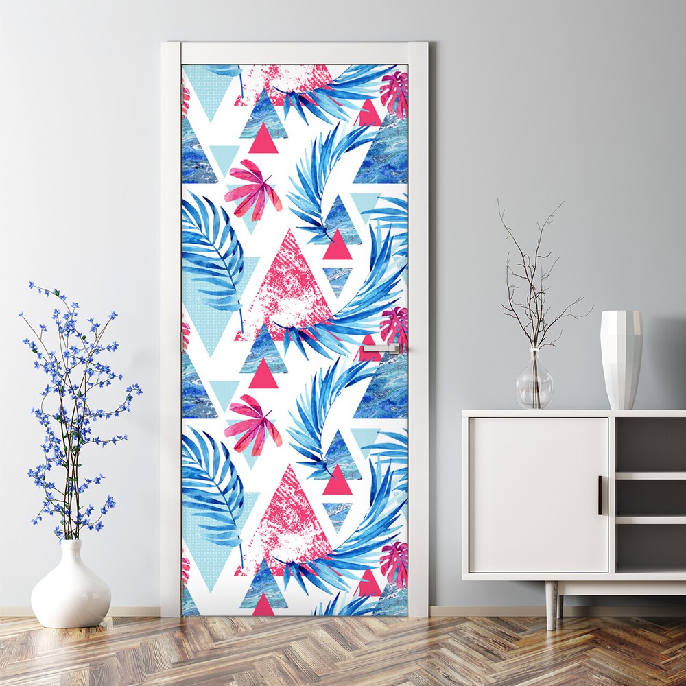 Abstract Blue Leaf Geometric Triangle Floral Door Decal-image