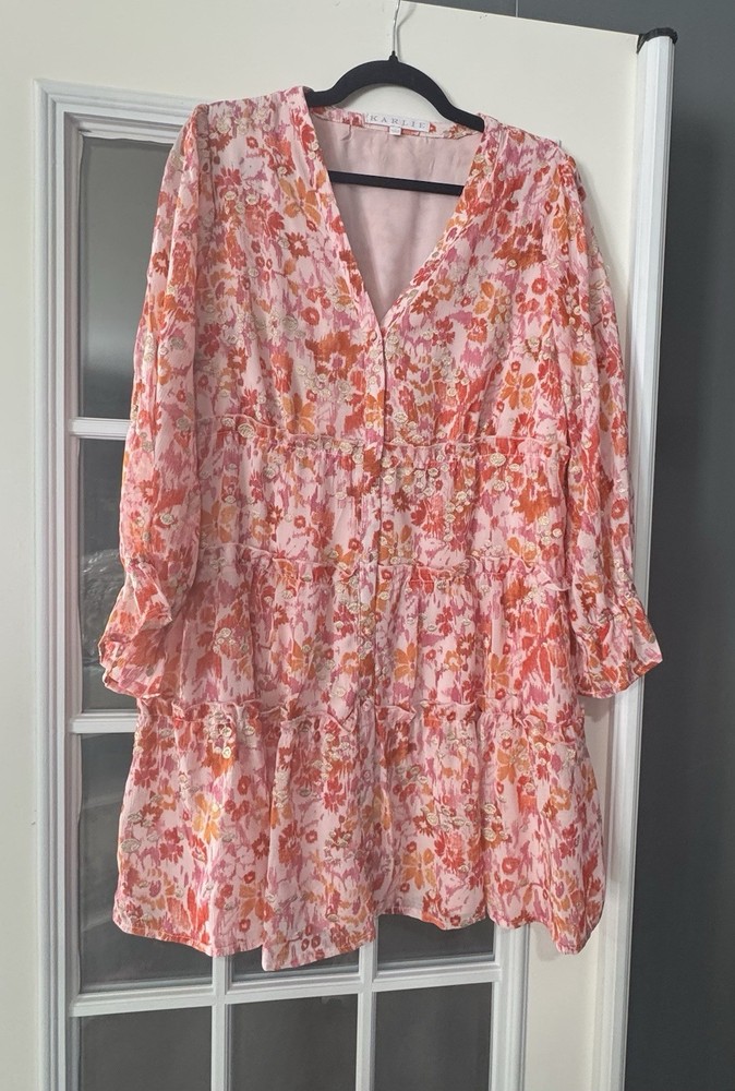Floral Tiered Mini Dress – Long Sleeve V-Neck (Pink/Coral)