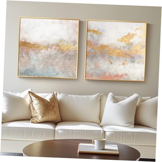 Framed Gold Abstract Wall Art for Living Room, 2 Piece Luxury Pink and Gold