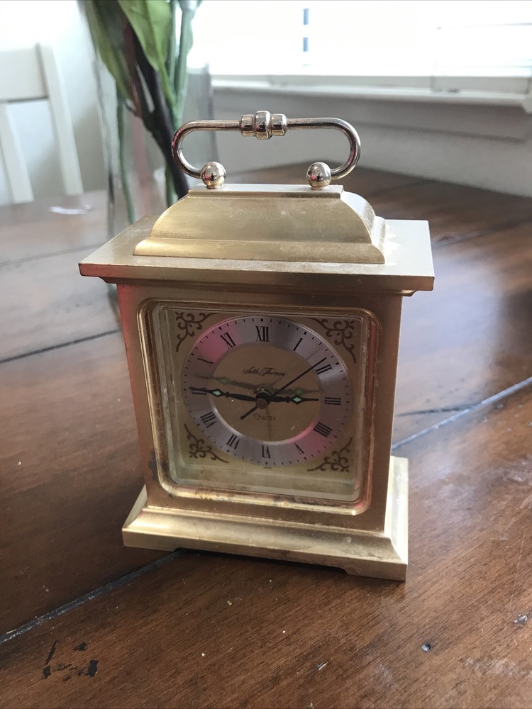 Vintage Seth Thomas Carriage Rapture Mantle Solid Brass Quartz Alarm Clock #0475