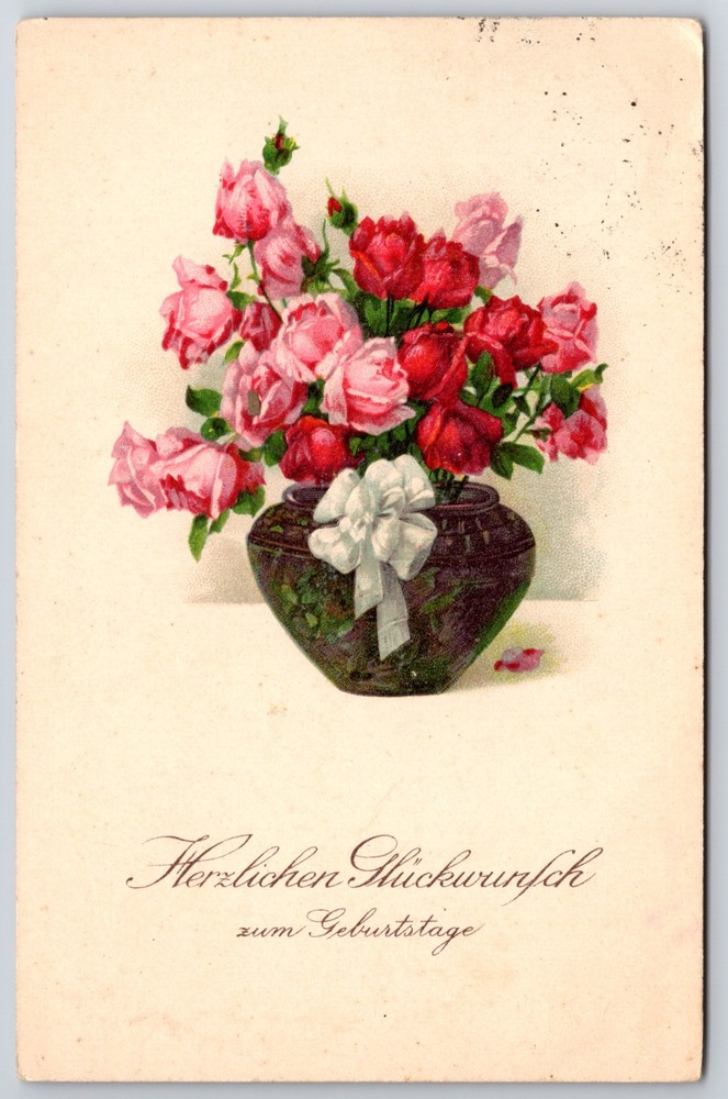 Pink Red Roses Birthday Herzlichen Gluckwunsch zum Geburtstage c1929 Postcard