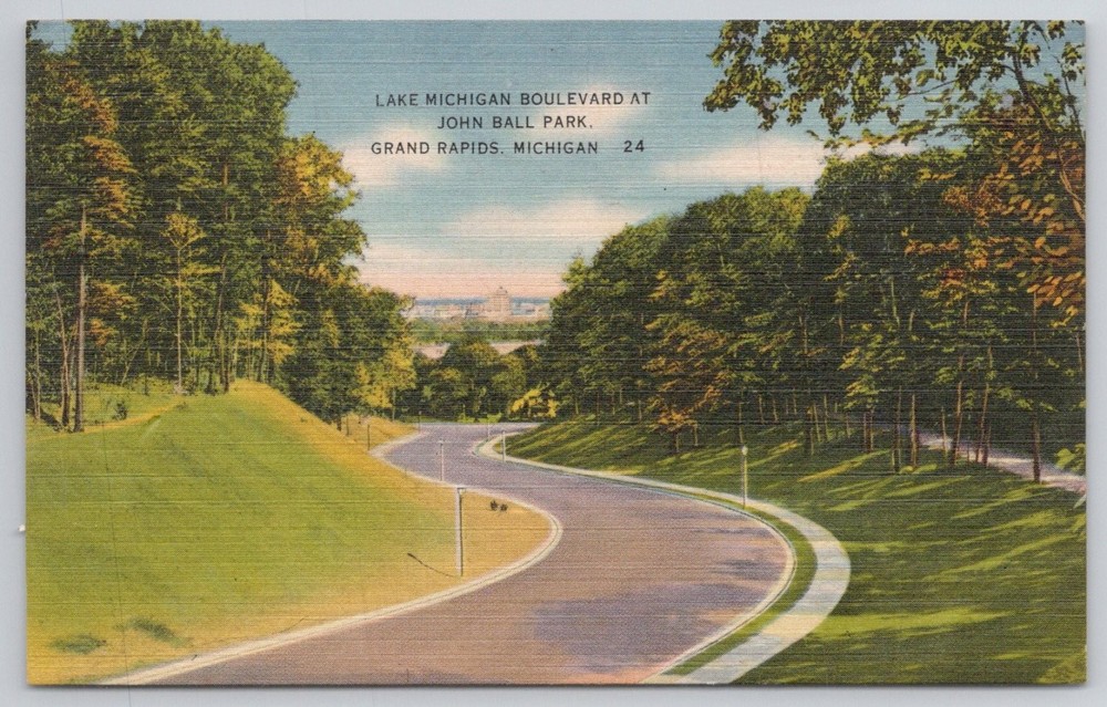 Grand Rapids MI - Lake Michigan Blvd John Ball Park Winding Road Linen Postcard