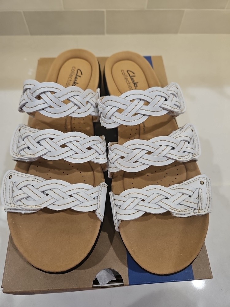 Clarks Laurieann Rio White Leather Slide Sandals Size 11