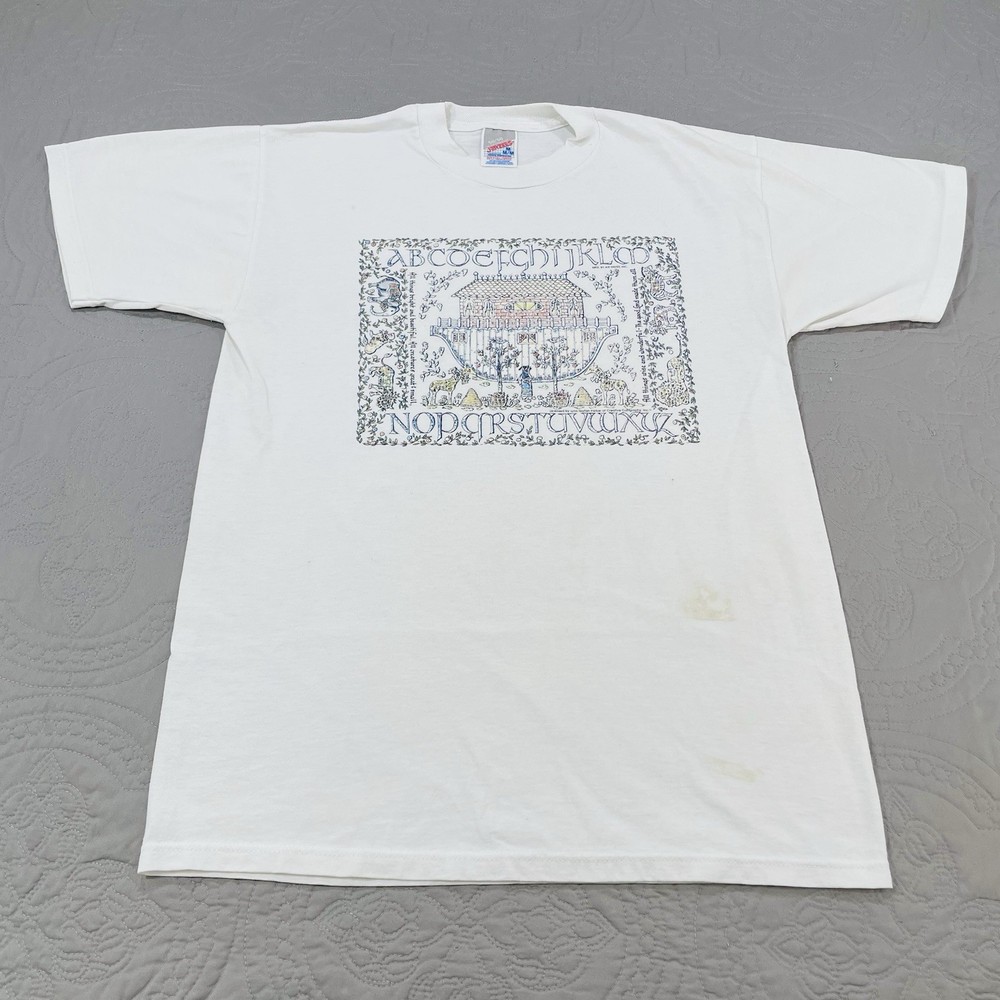 Vintage Noahs Arc Jesus T Shirt Jerzees White Craft Needle Point Graphic Bible