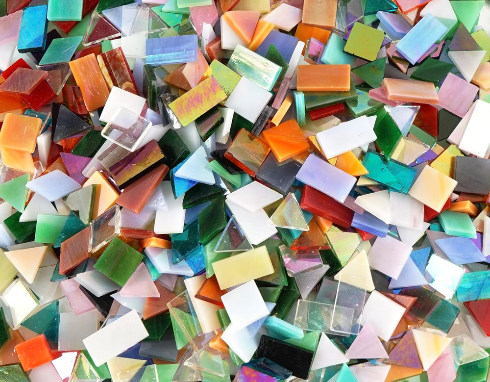 Iridescent Glass Mosaic Tiles 700pc 4-Shapes Sparkle Stained Bulk