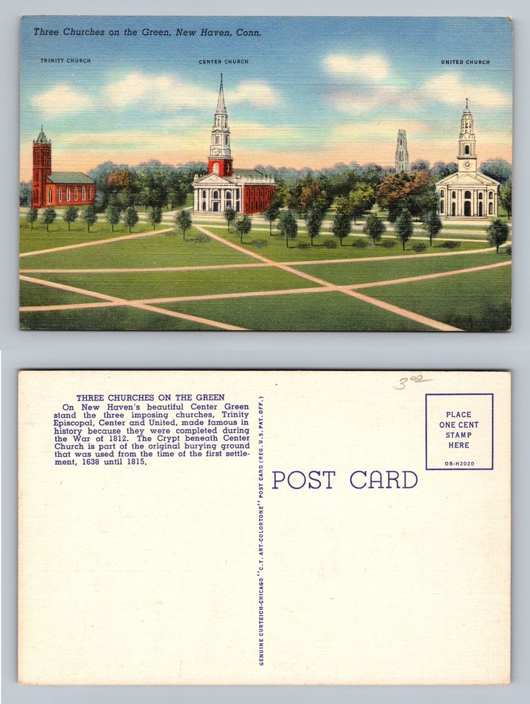 New Haven, CT-Connecticut, Three Churches on the Green Scene Vintage Postcard