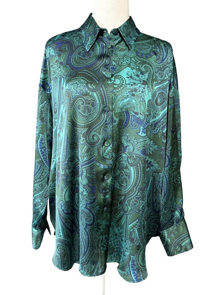 Zara Shirt Womens L Green Paisley Satin Button Up Long Sleeve Relaxed Top