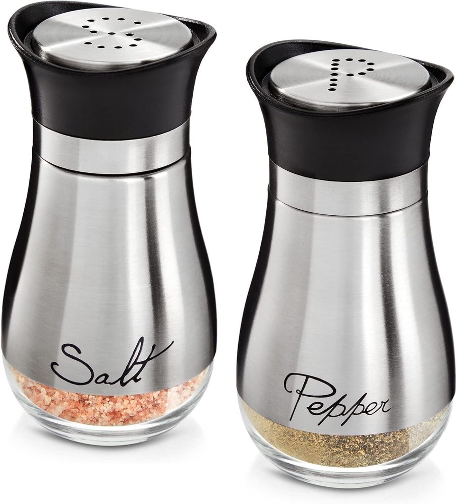Stainless Steel Salt and Pepper Shakers with Glass Base and Perforated S Design