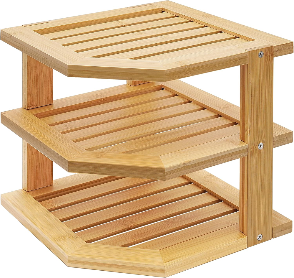Bamboo 3-Tier Corner Shelf - Compact Kitchen Countertop Organizer Cabinet  
