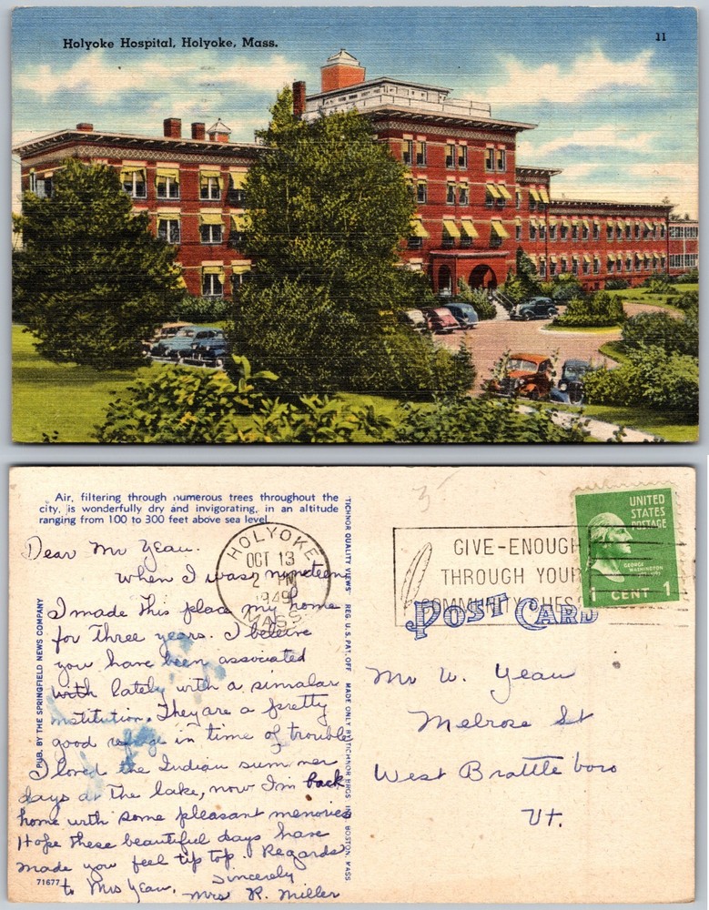 Holyoke MA Hospital Building Postcard
