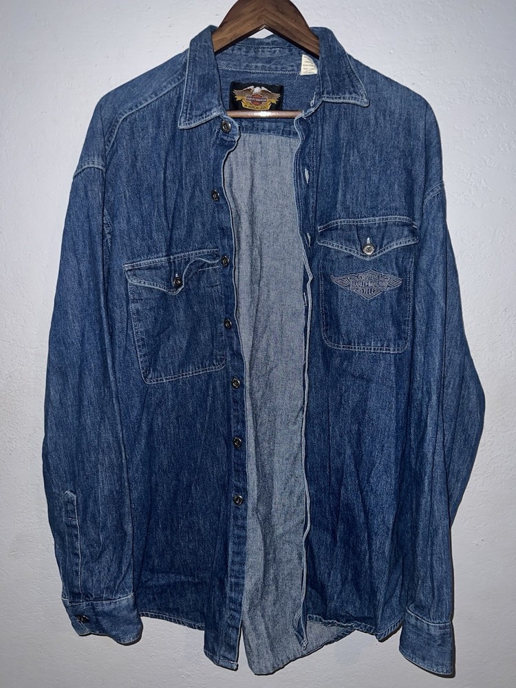 Harley-Davidson Vintage 90s Biker Motorcycle Button Up Denim L/S Jean Shirt XL