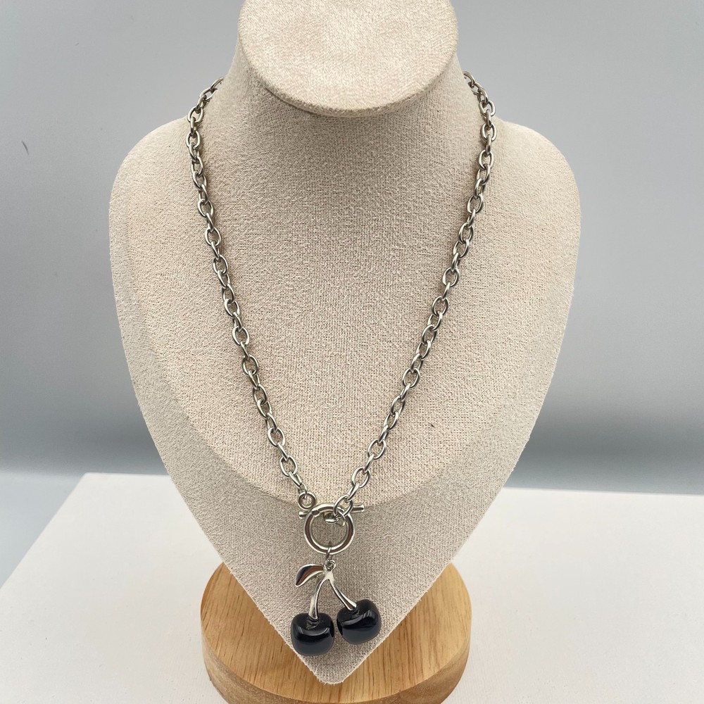 Vintage 90s Silver Tone Black Glass Cherry Pendant Necklace Toggle Chain Retro