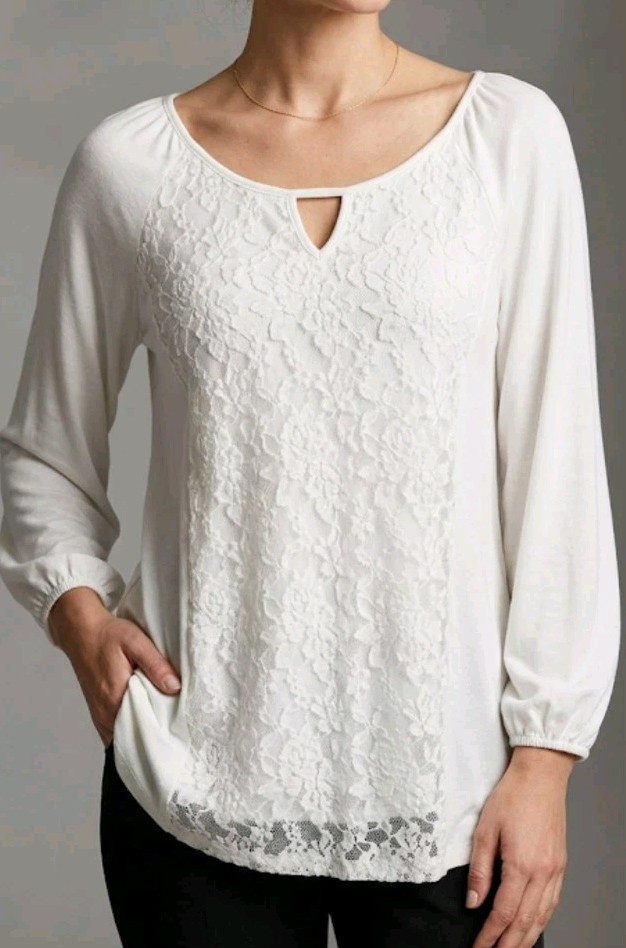 Shannon Ford New York Blouse Size L White Lace Front/Back 3/4 Sleeve