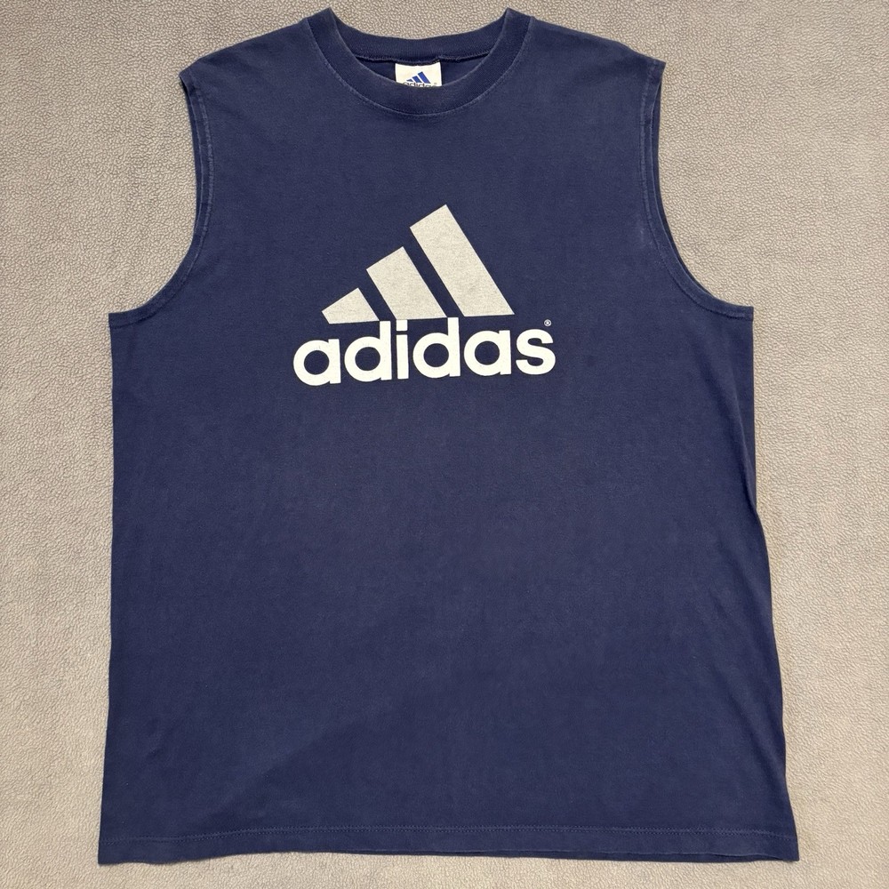 Vtg Adidas Shirt Made In USA Men's Size L Blue Sleeveless Tank Top Trefoil Logo