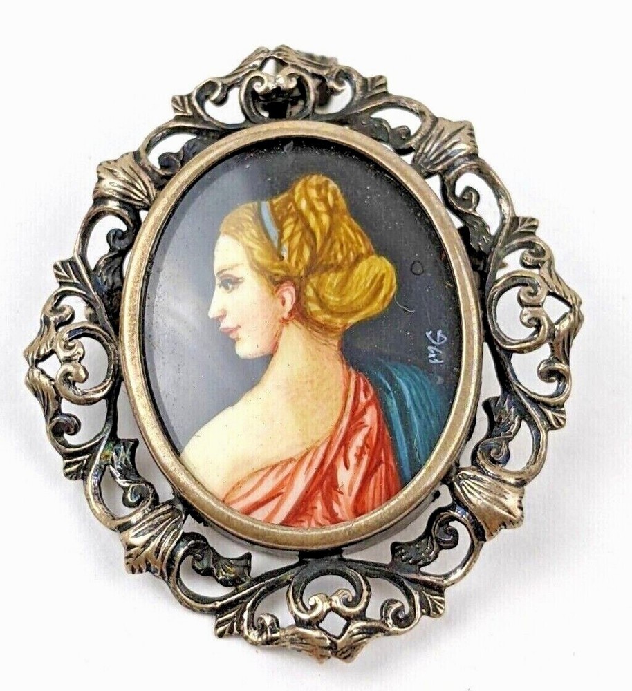 Victorian Hand Painted Portrait 800 Silver Filigree Signed Brooch or Pendant