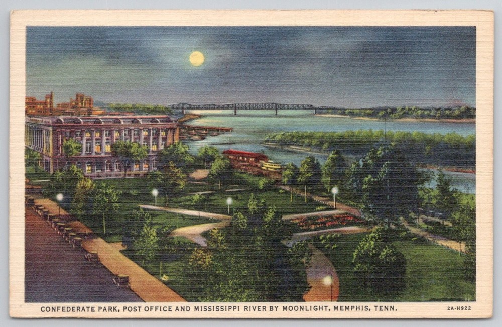 Memphis TN Confederate Park Post Office Mississippi River Moonlight Postcard
