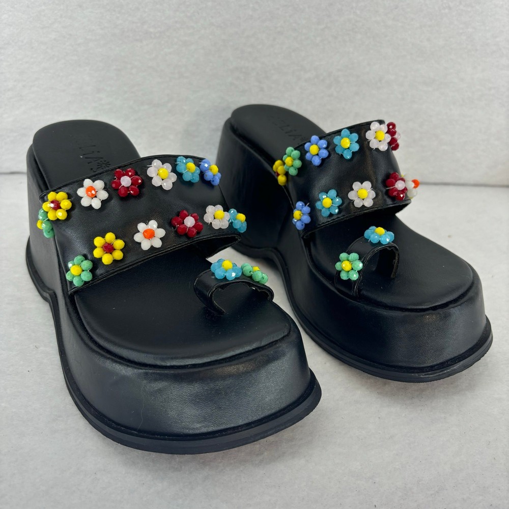 Delia by Dolls Kill Black Rainbow Floral Platform Sandal Size 5 Five Star Stay