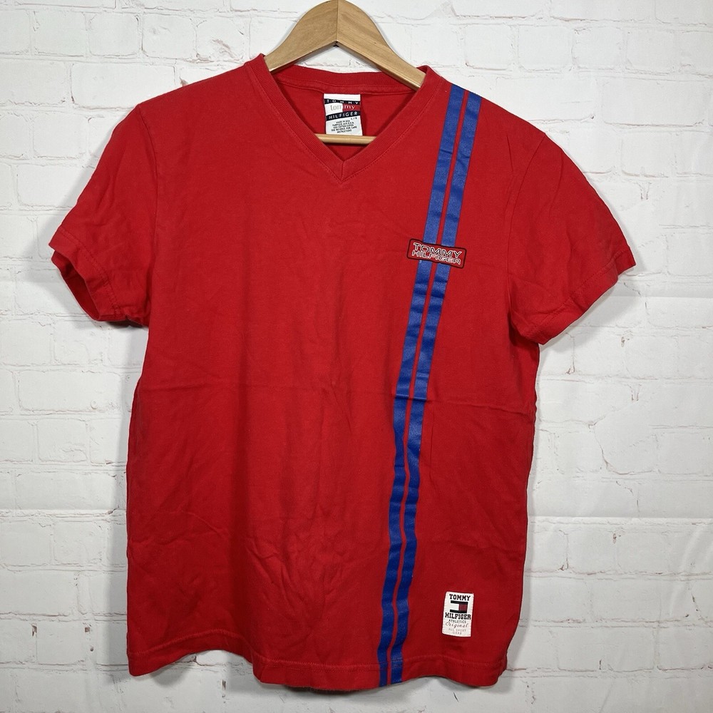 Vintage Tommy Hilfiger T Shirt Womens Size Large Red Striped V Neck Made In USA