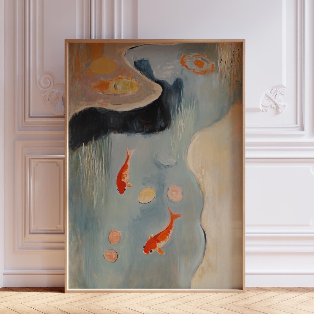 Japanese Koi Fish in Pond Japandi Wall Art Print