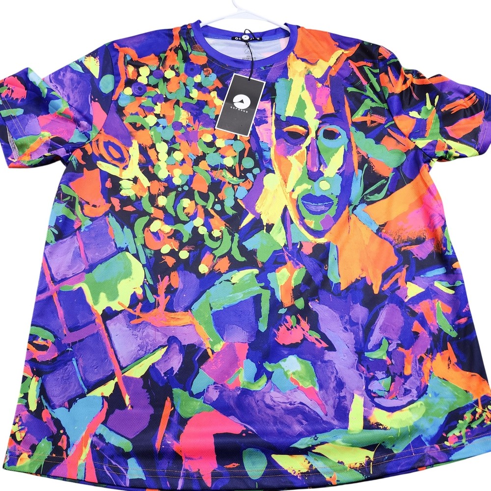 Aofmoka Shirt Mens 2XL Multicolor Abstract Art Graphic T-Shirt Neon Psychedelic-image