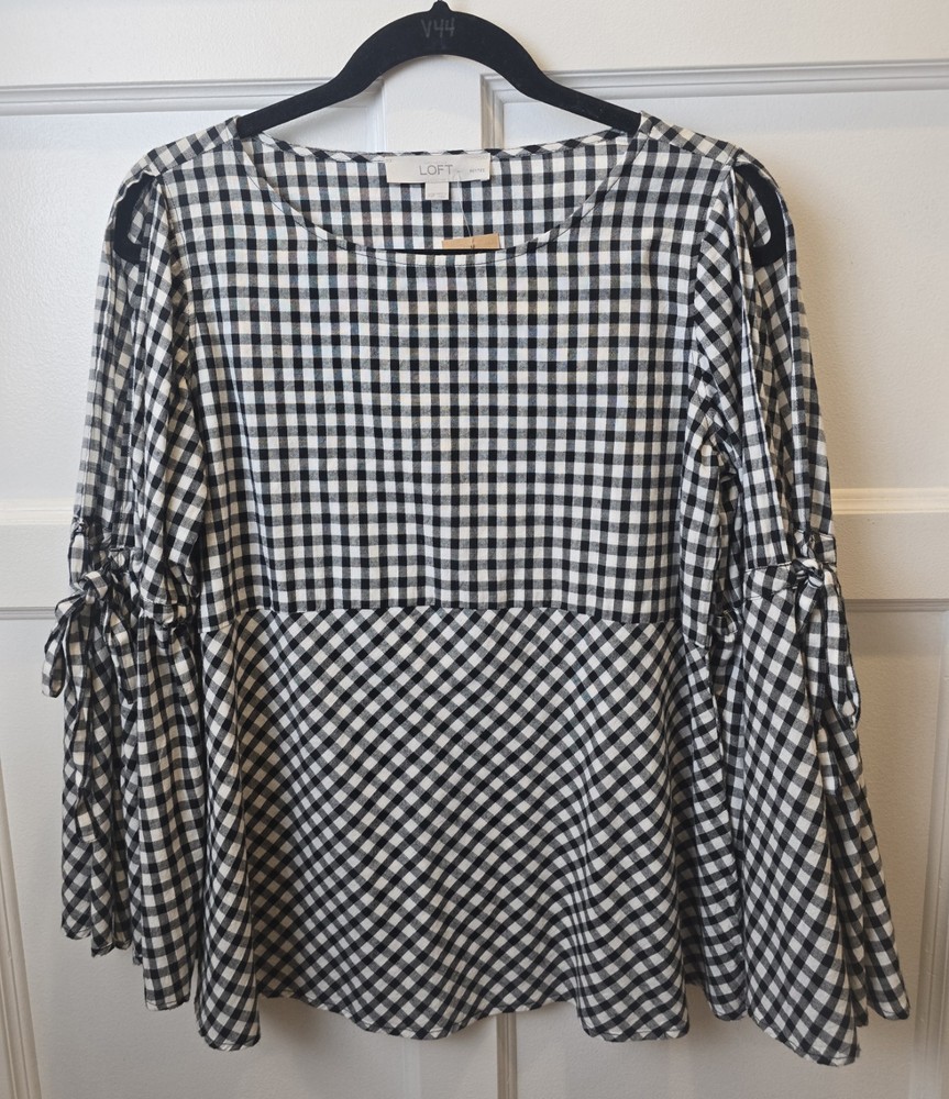 Ann Taylor Loft Black & White Plaid Women's Top Long Bell Sleeve Cotton Sz XSP