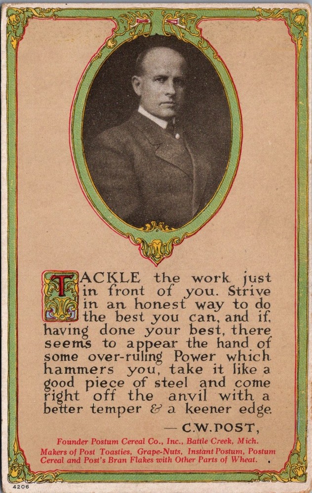 C.W. Post Postum Cereal Co. Advertising Postcard Battle Creek MI Early 1900s