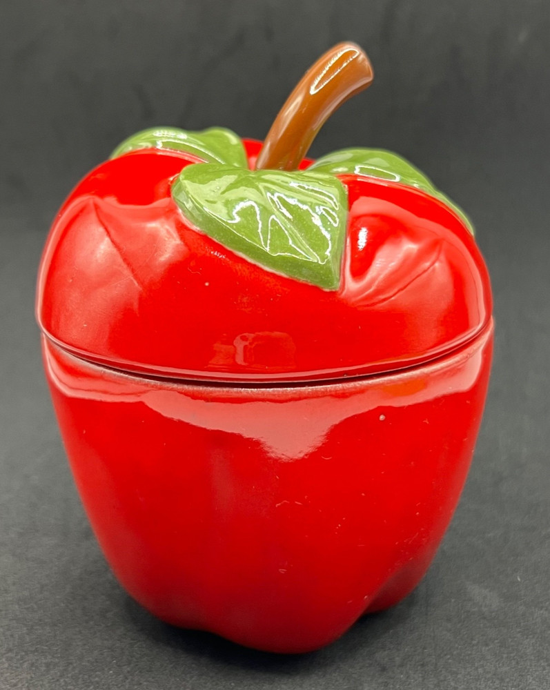 Vintage Ceramic Red Apple Jar Lid Dish Duncan Mold MCM Kitchen Decor Candy Sugar