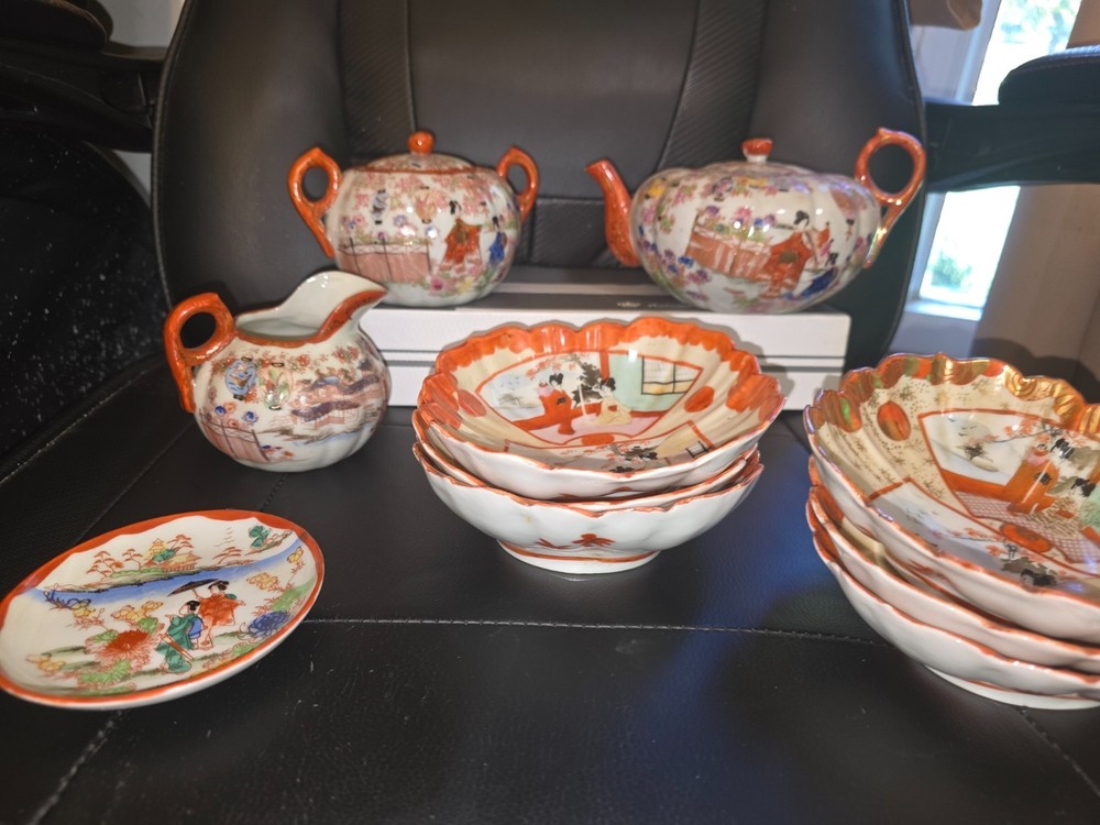 Antique Japanese Kutani Hand-Painted Tea Set – Geisha Scene Porcelain w/ Gold